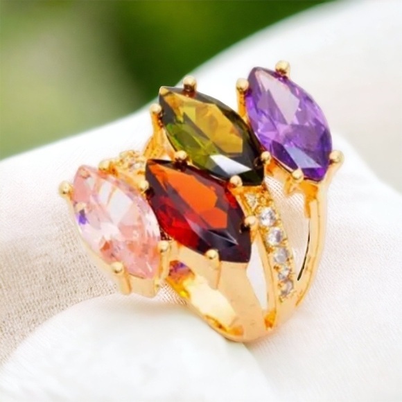 NEW Gold Plated Crystal Ring Pink Red Green Purple Cubic Zirconia Size 7.5 - Picture 5 of 6